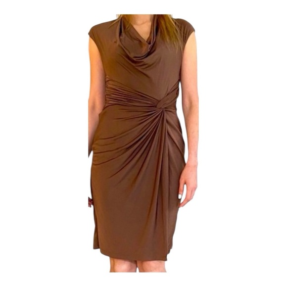 Maggy London Brown Asymmetrical Ruched Midi Dress - Picture 1 of 11